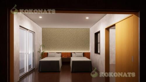 住宅 内装建築パース｜ツインベッドの寝室計画