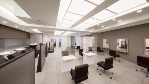 大型美容室 内装の建築パース｜多席型ヘアサロンのレイアウトを再現した3DCG