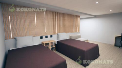 個室ベッドルーム 内装建築パース｜木ルーバーと間接照明による落ち着いた空間