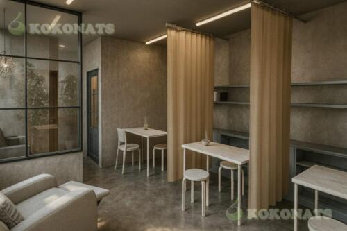 カーテン仕切りの半個室を備えた店舗内装パース