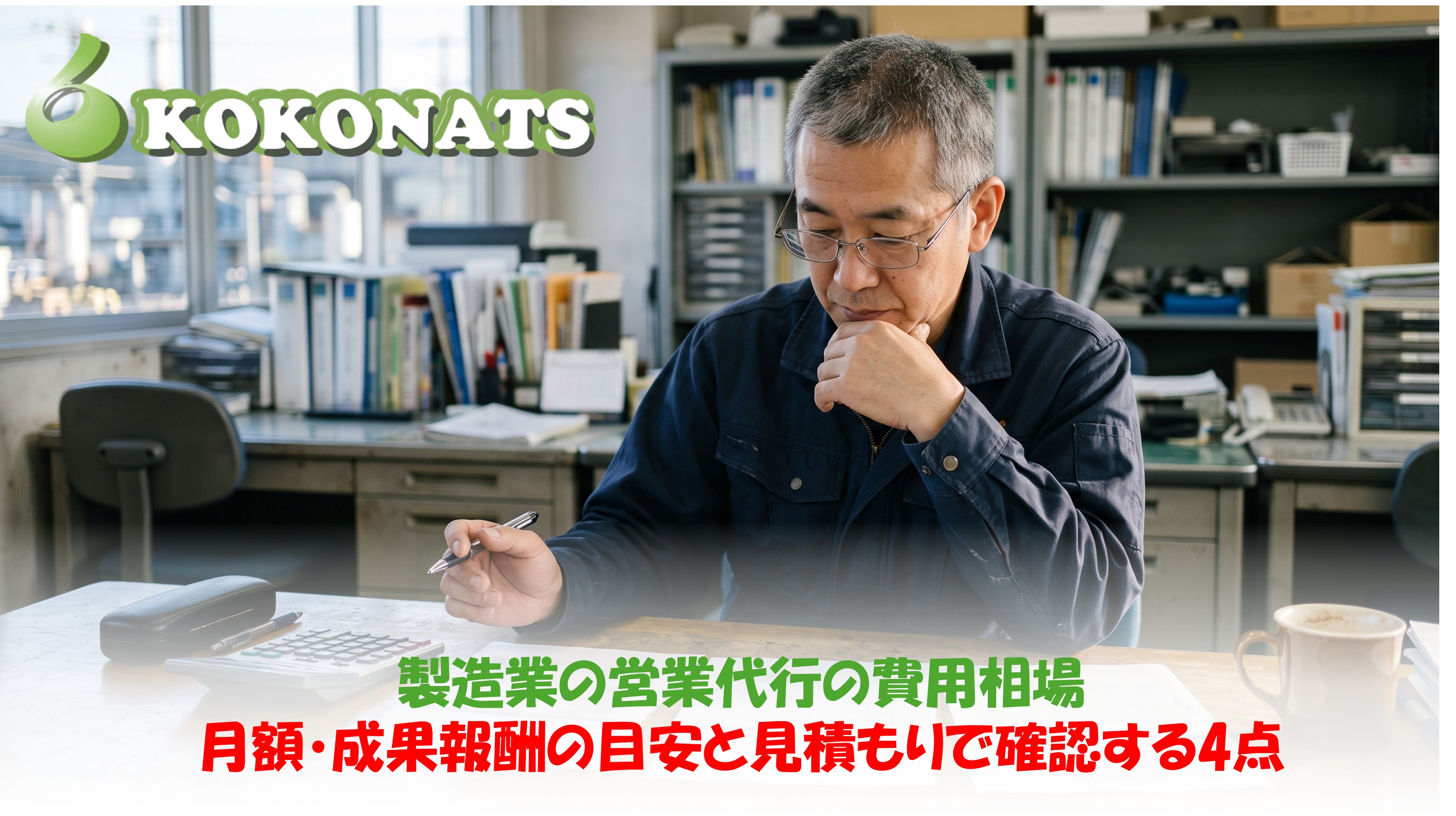製造業の営業代行の費用相場|月額・成果報酬の目安と見積もりで確認する4点。工場の事務所で見積書を前に検討する経営者