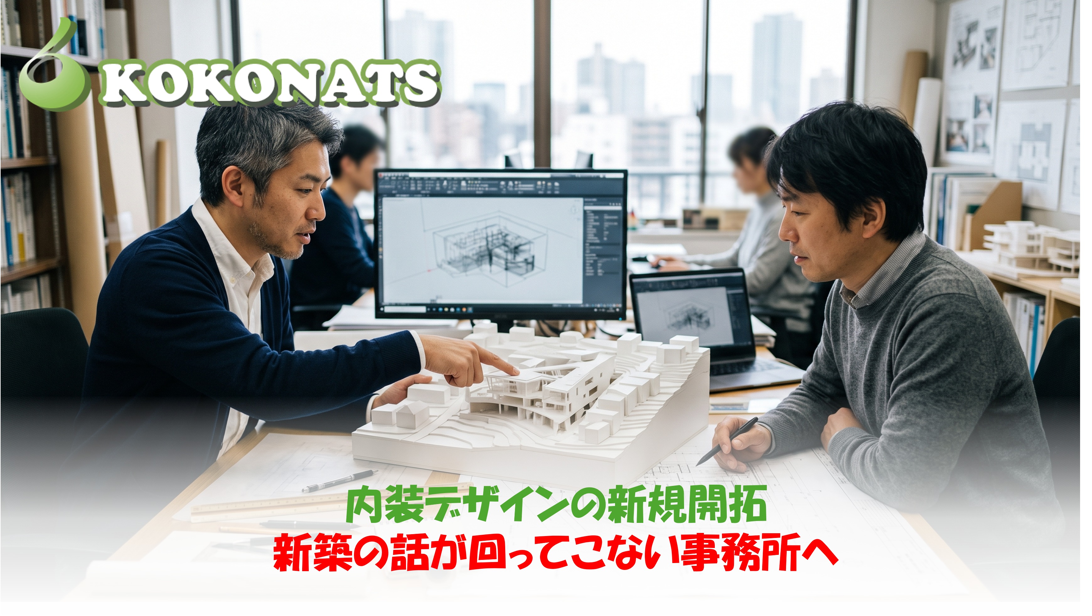 新築の空間デザインの新規開拓。設計事務所で白模型と配置図を前に基本設計を検討する設計者