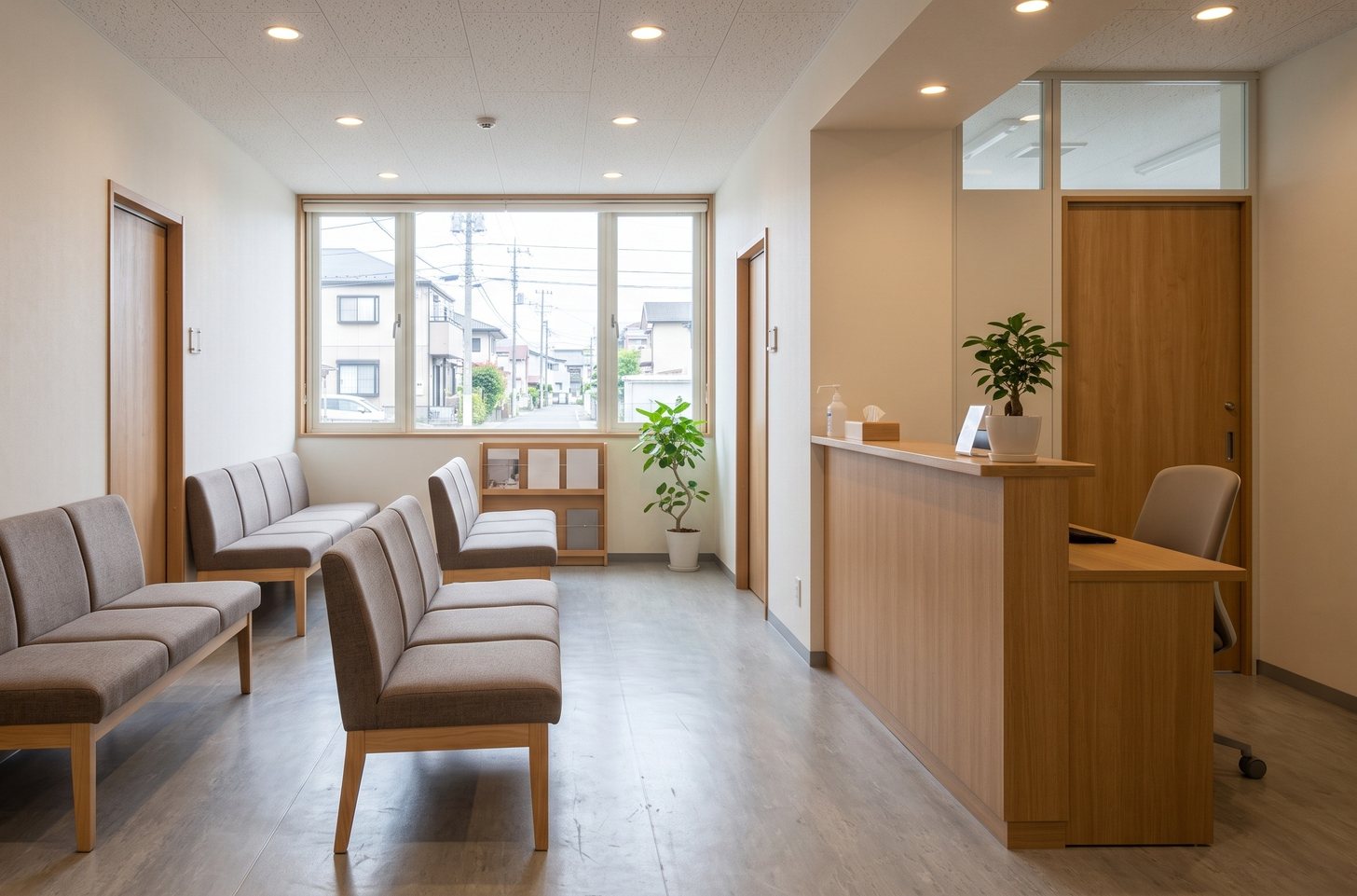 クリニック待合室を簡易パースで描いた例。既製の汎用的な受付カウンターとベンチを配置している